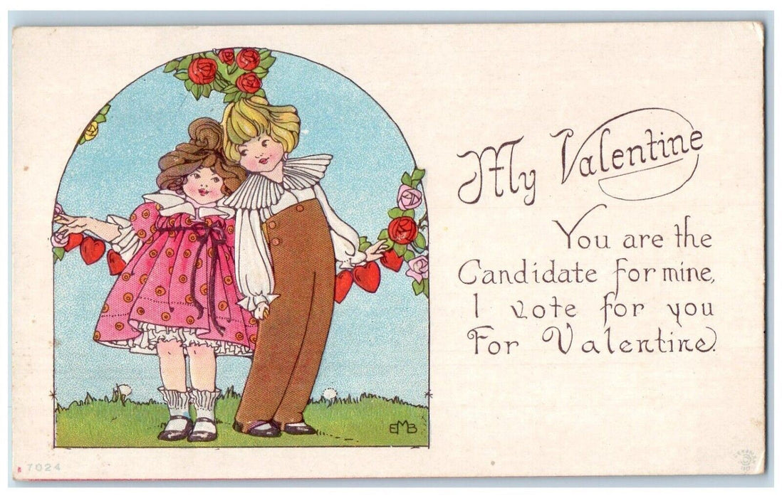 c1910's Valentine Girls Hearts Flowers Embossed Unposted Antique Postcard