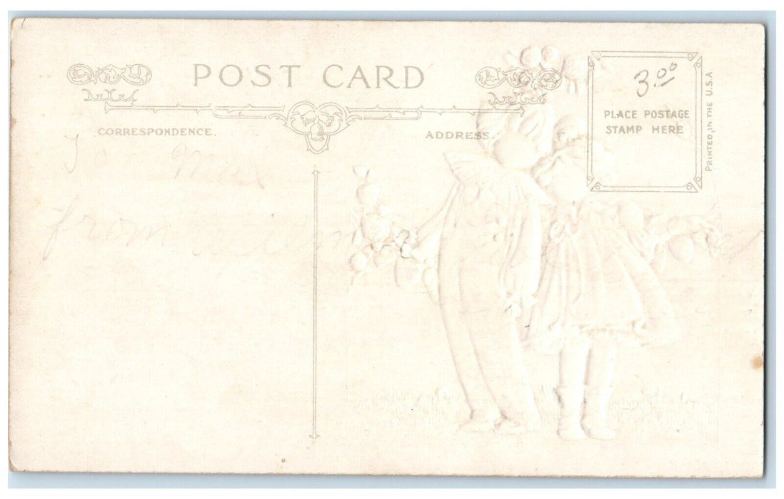 c1910's Valentine Girls Hearts Flowers Embossed Unposted Antique Postcard