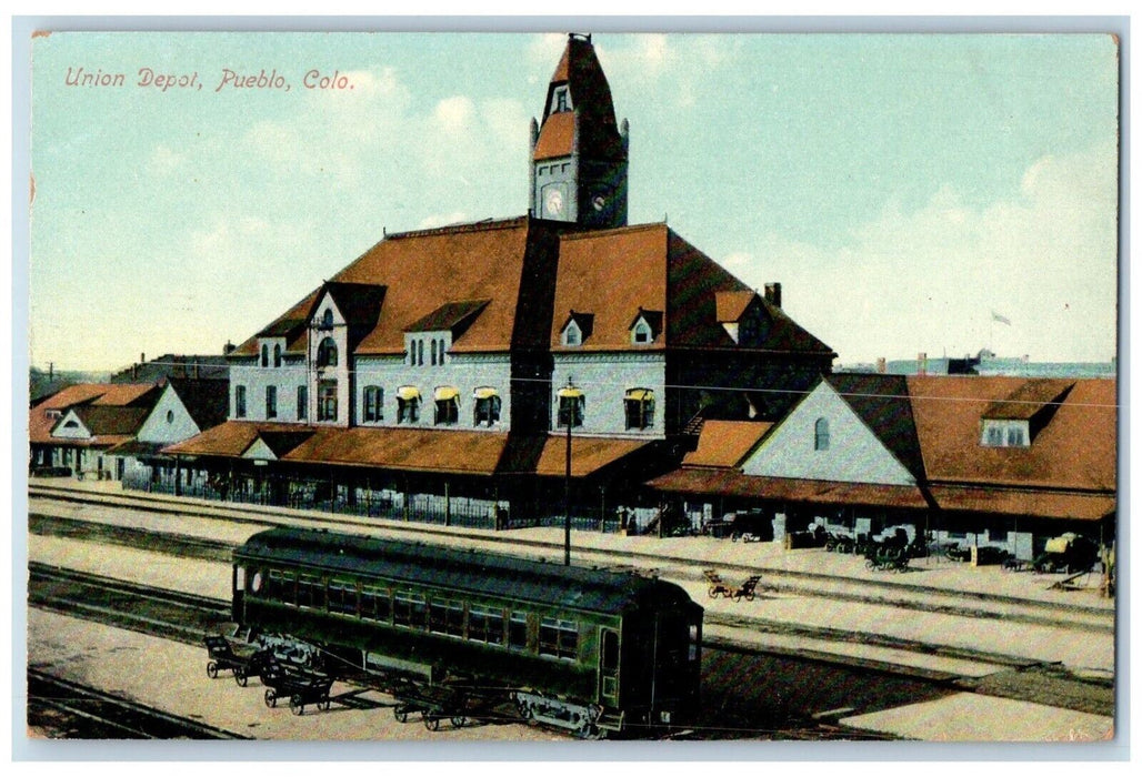 c1910's Union Depot Railroad Train Scene Pueblo Colorado CO Antique Postcard