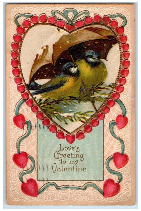 1911 Valentine Girls Hearts Song Birds Umbrella Snowfall Embossed Postcard