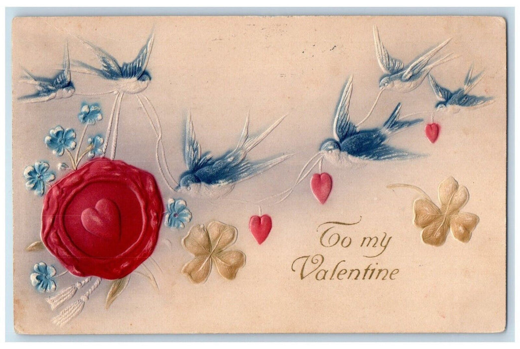 1908 Valentine Birds Pansies Flowers Shamrock Airbrushed Embossed Postcard