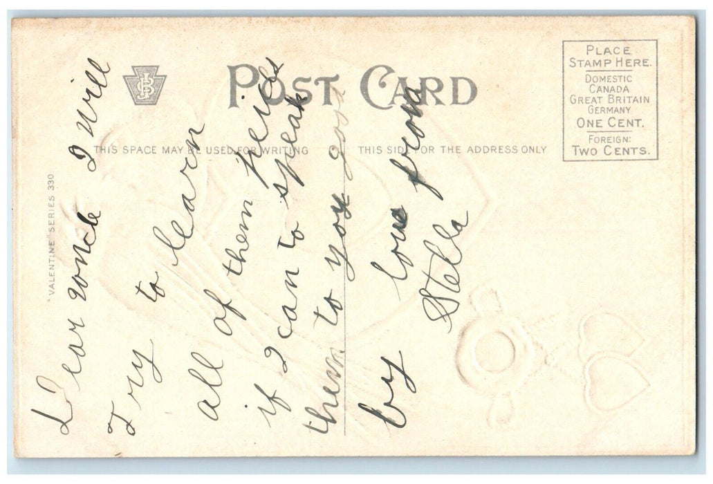 c1910's Valentine Big Heart Song Birds Embossed Posted Antique Postcard