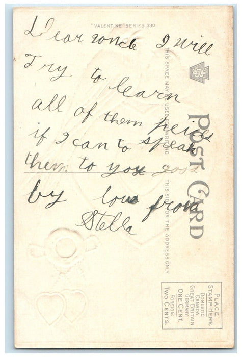 c1910's Valentine Big Heart Song Birds Embossed Posted Antique Postcard