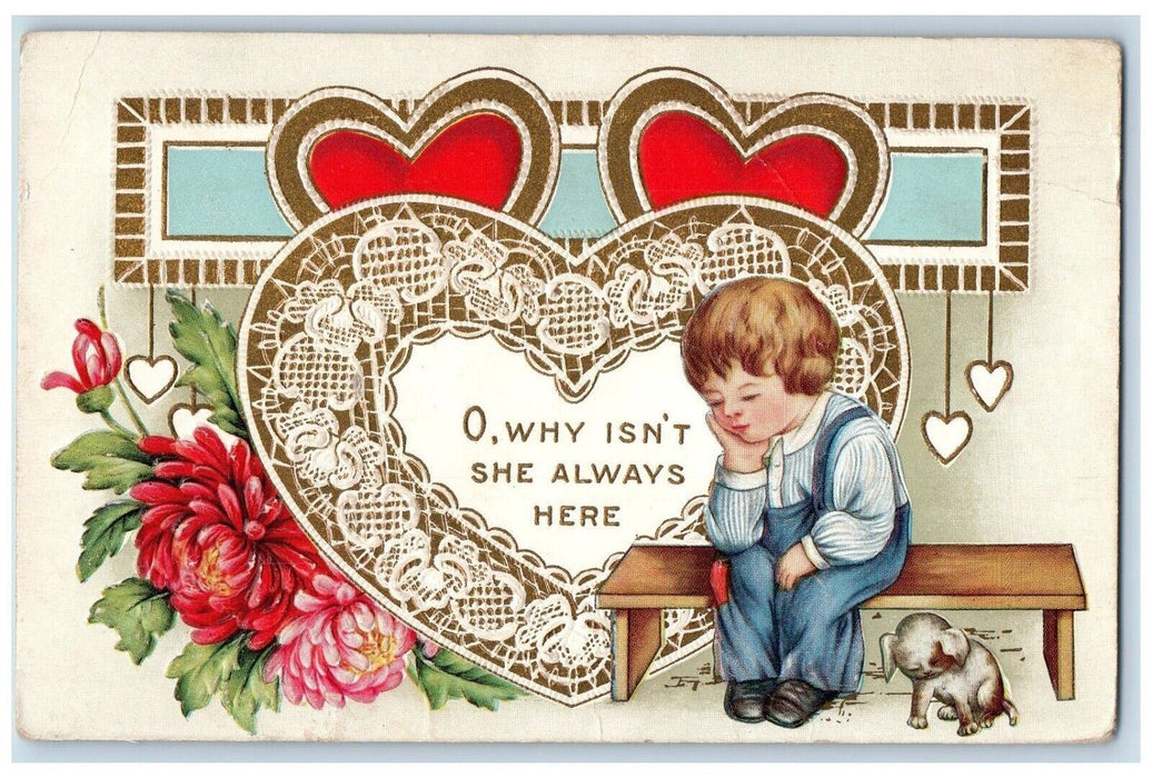 c1910's Valentine Big Heart Sad Boy Puppy Flowers Embossed Antique Postcard