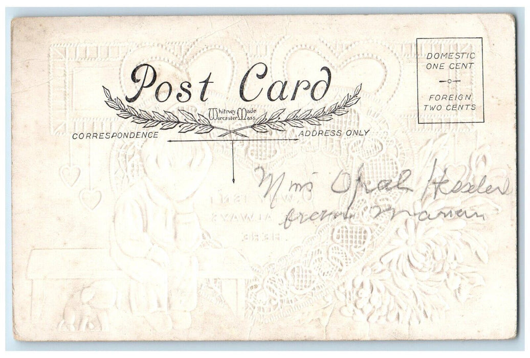 c1910's Valentine Big Heart Sad Boy Puppy Flowers Embossed Antique Postcard