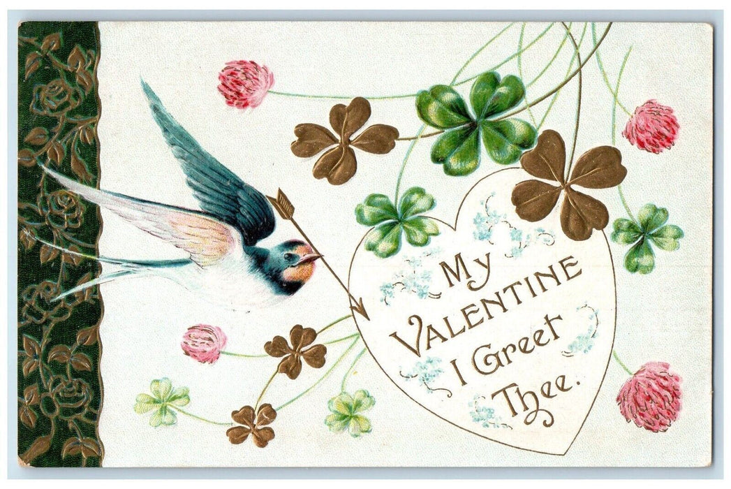 c1910's Valentine Heart Shamrock Flowers Bird Embossed Unposted Antique Postcard