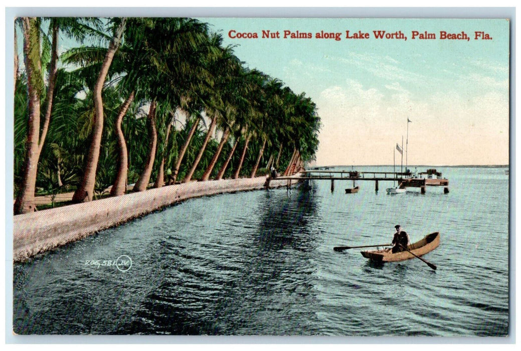 c1910 Boat Cocoa Nut Palms Along Lake Worth Palm Beach Florida FL Postcard