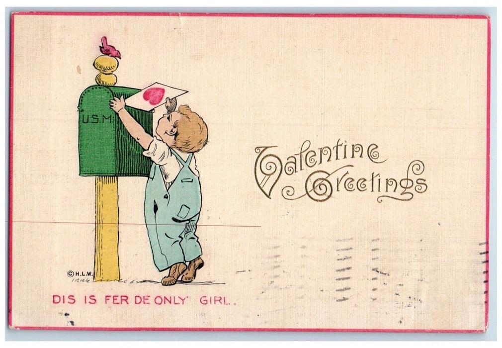 1912 Valentine Greetings Boy Drop Mail Embossed Seattle Washington WA Postcard