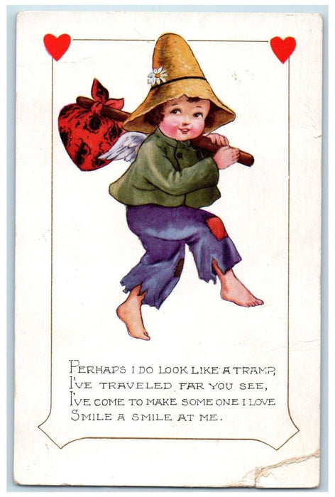 c1910's Valentine Angel Hobo Bindle Barefoot Hearts Posted Antique Postcard