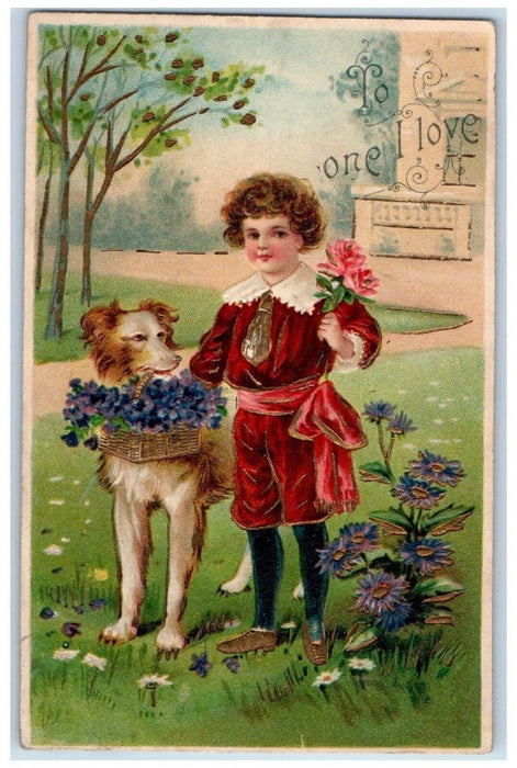 c1905 Valentine Boy And Dog Pansies Flowers Basket Embossed Antique Postcard