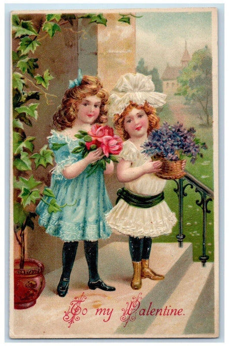 c1910's Valentine Two Girls With Pansies Flowers Embossed Antique Postcard