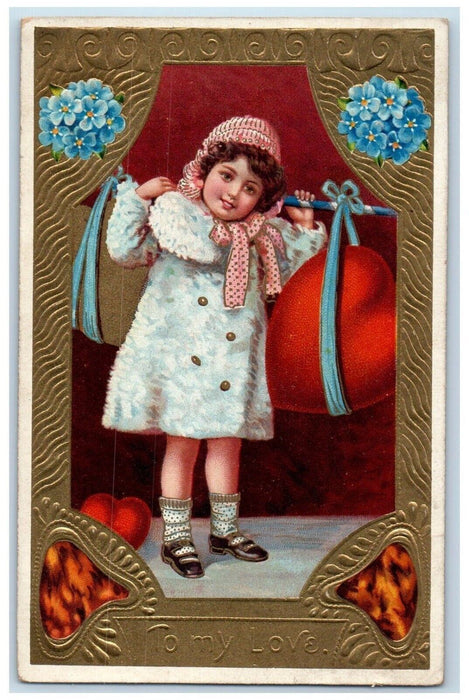 c1910's Valentine Girl Carrying Big Hearts Pansies Flowers Embossed Postcard
