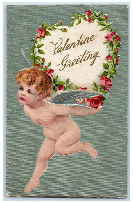 1908 Valentine Greetings Angel Heart Flowers Winsch Back Embossed Postcard