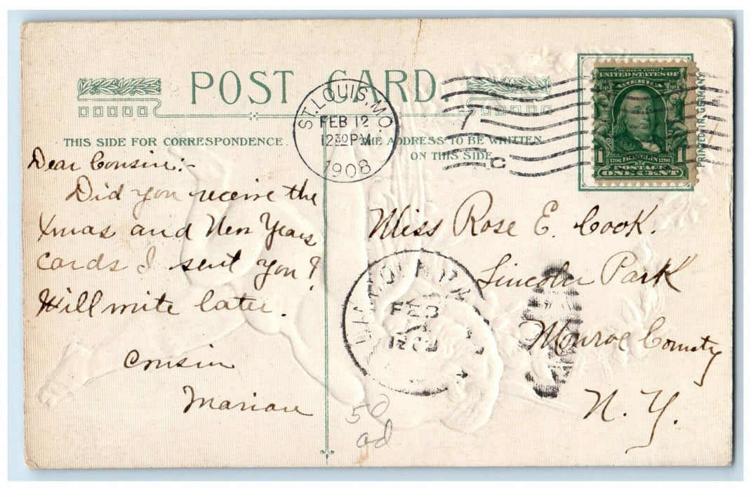 1908 Valentine Greetings Angel Heart Flowers Winsch Back Embossed Postcard