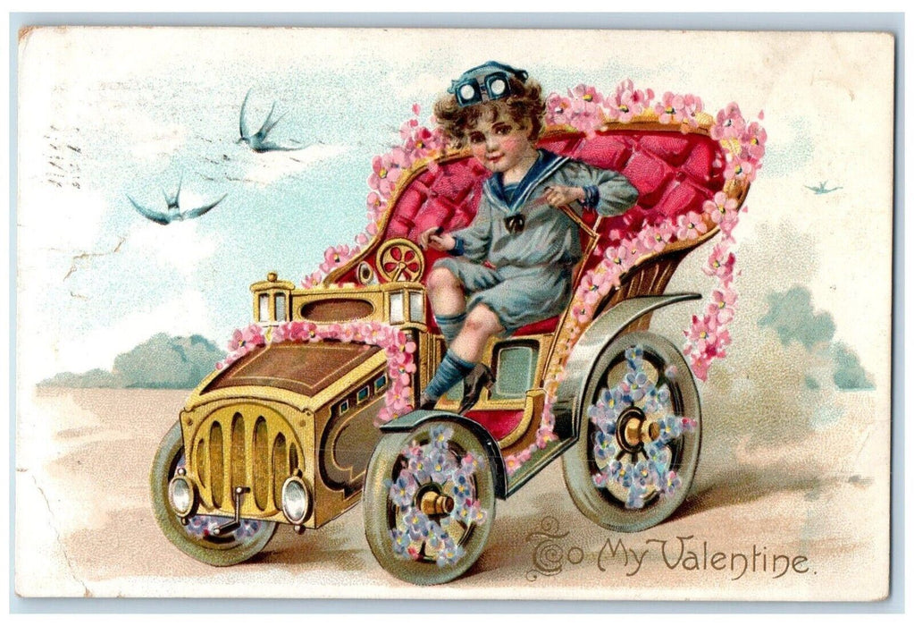 1909 Valentine Boy Driving Car Pansies Flowers Birds Embossed Tuck's Postcard