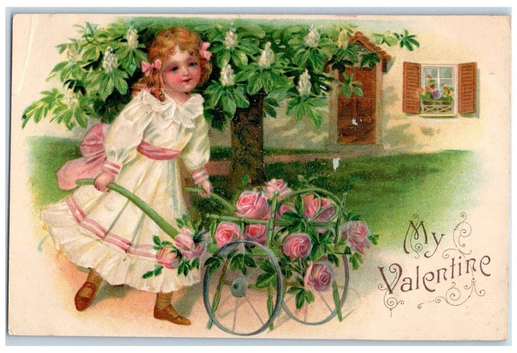 c1905 Valentine Girl Pushing Cart Flowers Embossed Unposted Antique Postcard