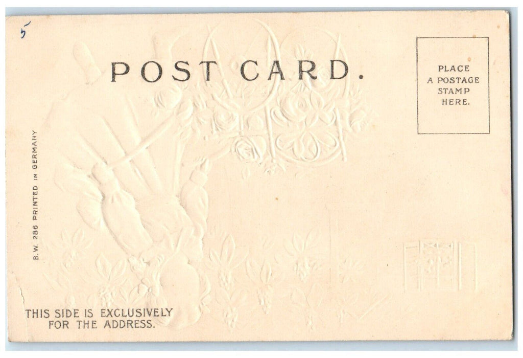 c1905 Valentine Girl Pushing Cart Flowers Embossed Unposted Antique Postcard