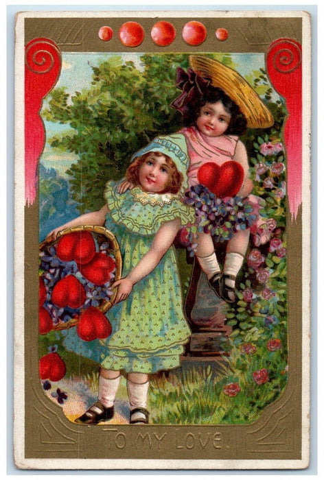 1910 Valentine Girls Hearts Pansies Flowers Embossed Posted Antique Postcard