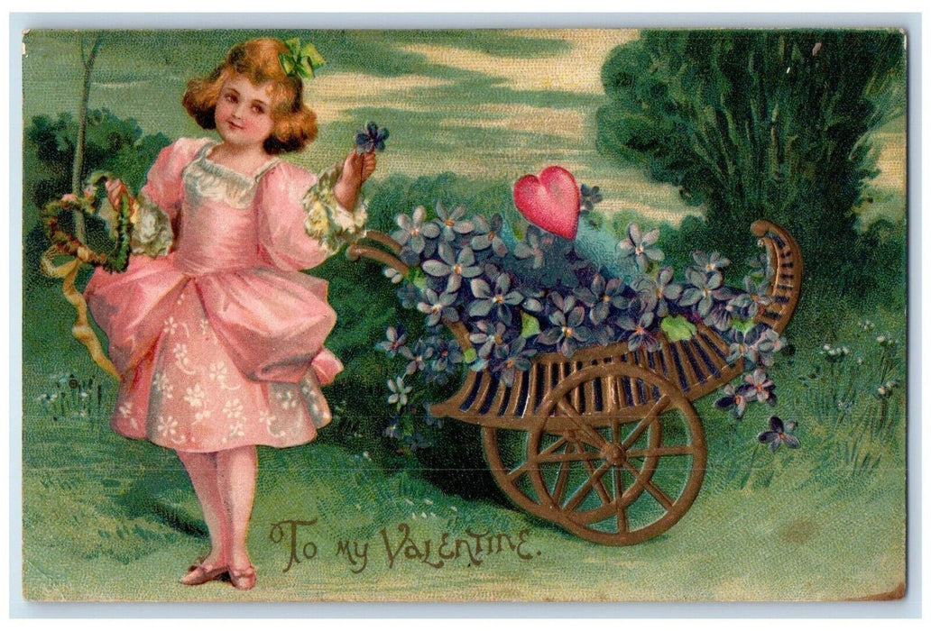 1906 Valentine Pretty Girl Hearts Cart Pansies Flowers Embossed Antique Postcard