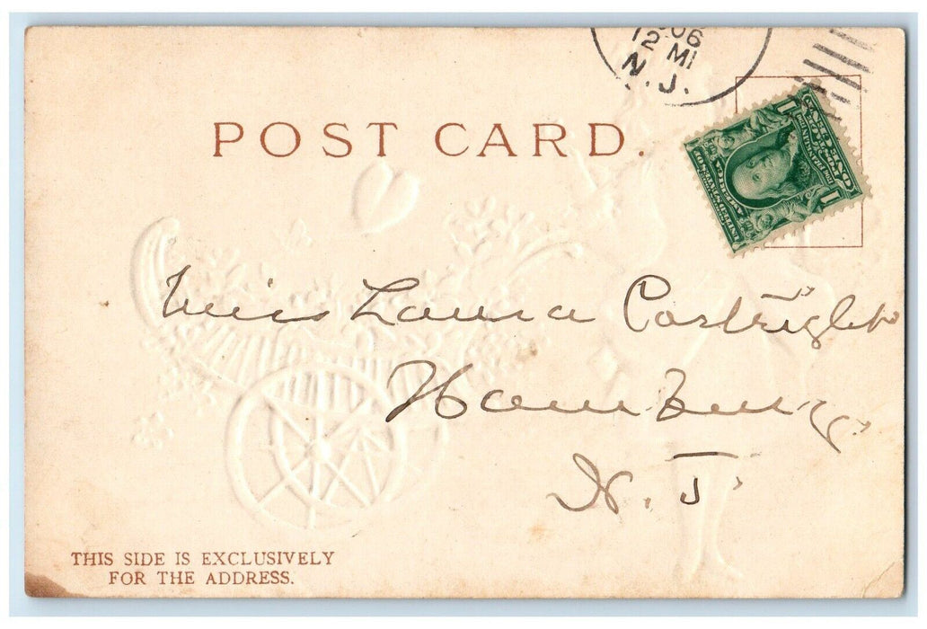 1906 Valentine Pretty Girl Hearts Cart Pansies Flowers Embossed Antique Postcard