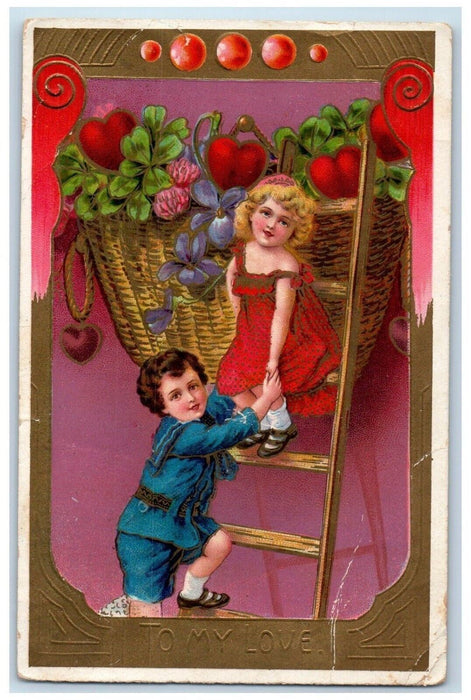 1915 Valentine Boy Girl Ladder Hearts And Shamrock Basket Washington DC Postcard