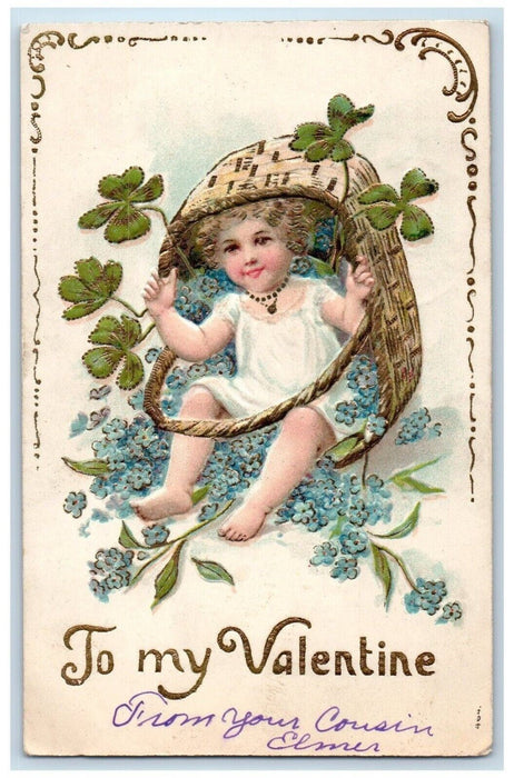 1907 Valentine Little Girl Pansies Flowers Fell Basket Shamrock Antique Postcard