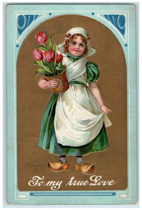 c1910's Valentine Dutch Girl Flowers Embossed Burlington Wisconsin WI Postcard