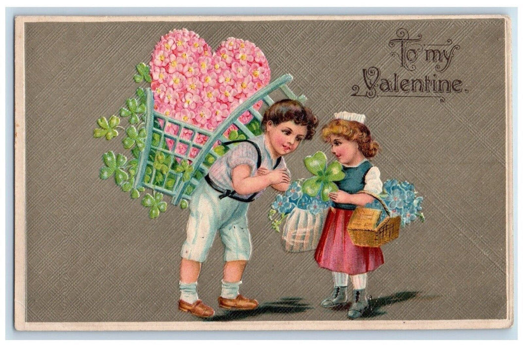 1912 Valentine Girl Boy Cart Basket Pansies Flowers Shamrock Embossed Postcard