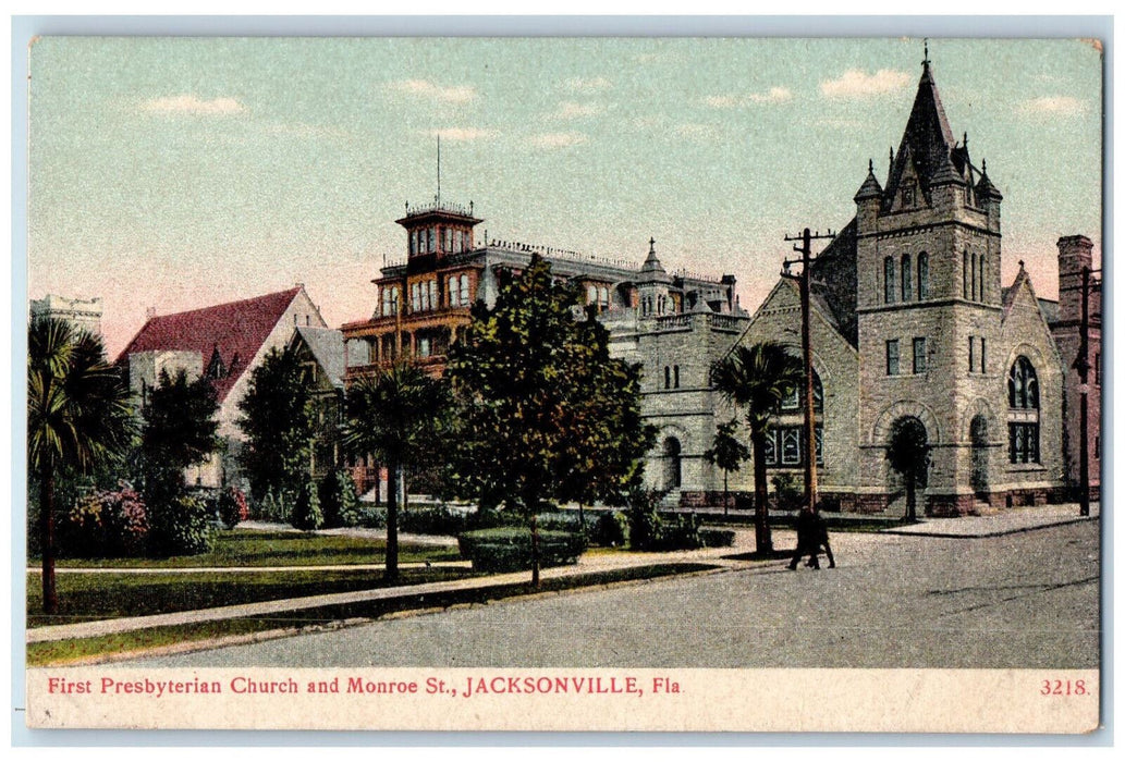 c1905 First Presbyterian Church and Monroe Street Jacksonville FL Postcard