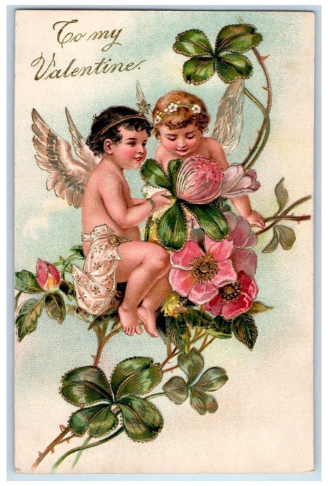 c1910's Valentine Two Angels Flowers Shamrocks Embossed Antique Postcard