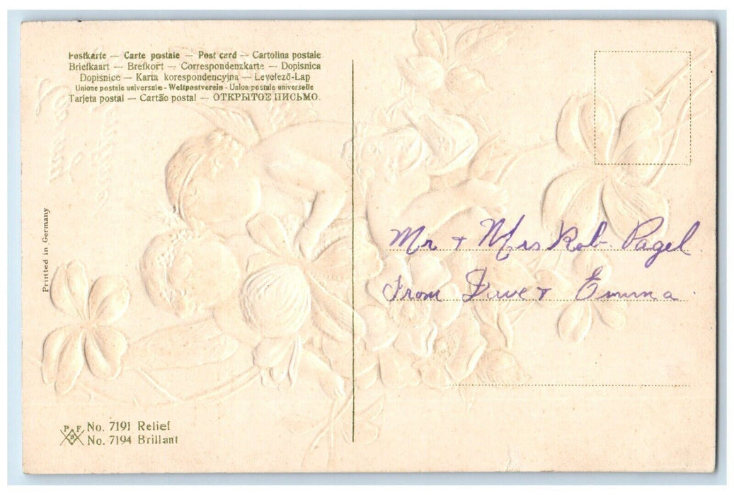 c1910's Valentine Two Angels Flowers Shamrocks Embossed Antique Postcard