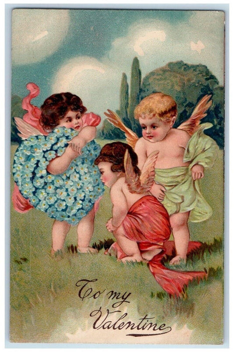 1911 Valentine Angels Heart Pansies Flowers Embossed Detroit MI Antique Postcard