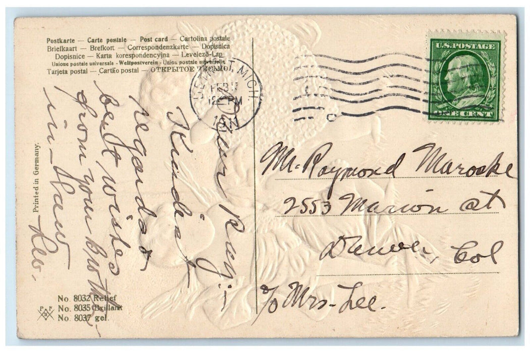 1911 Valentine Angels Heart Pansies Flowers Embossed Detroit MI Antique Postcard