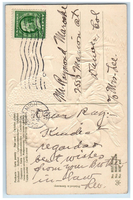 1911 Valentine Angels Heart Pansies Flowers Embossed Detroit MI Antique Postcard