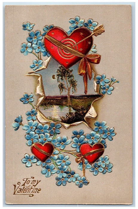 c1910's Valentine Hearts Arrow Pansies Flowers Crescent River Embossed Postcard