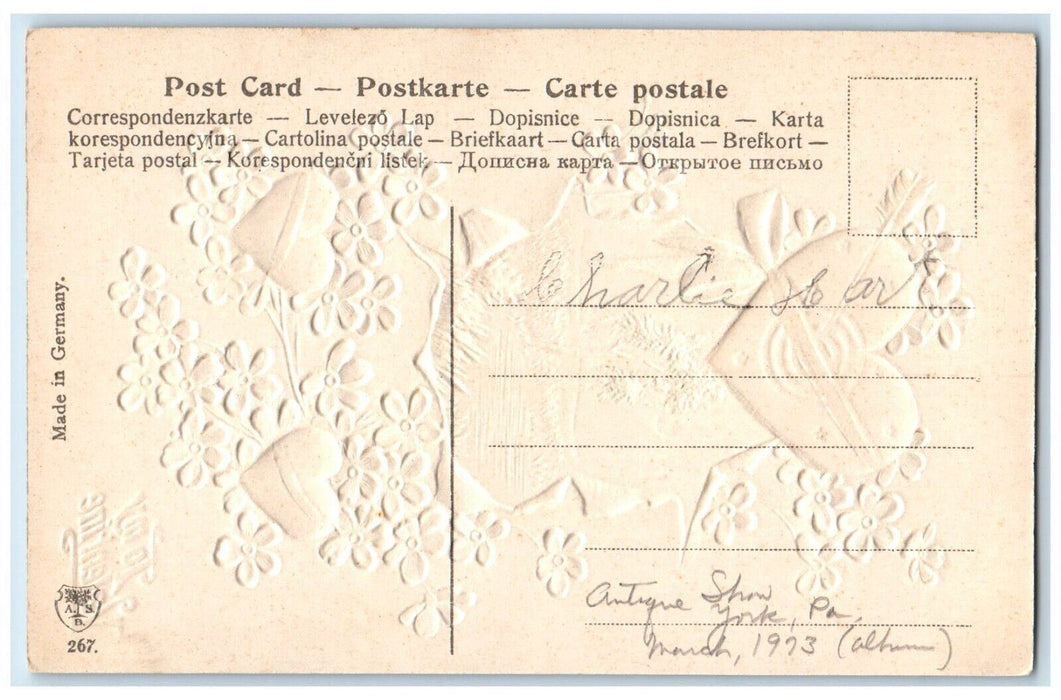c1910's Valentine Hearts Arrow Pansies Flowers Crescent River Embossed Postcard