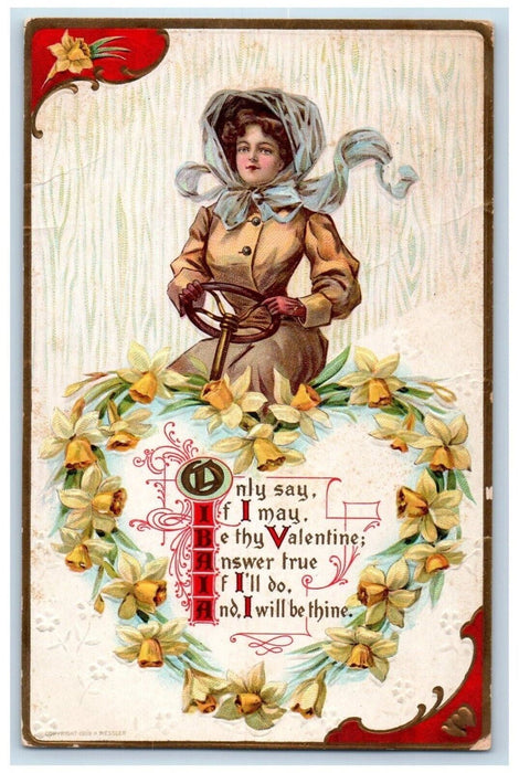 1910 Valentine Pretty Girl Heart Yellow Flowers Embossed Huntingdon PA Postcard
