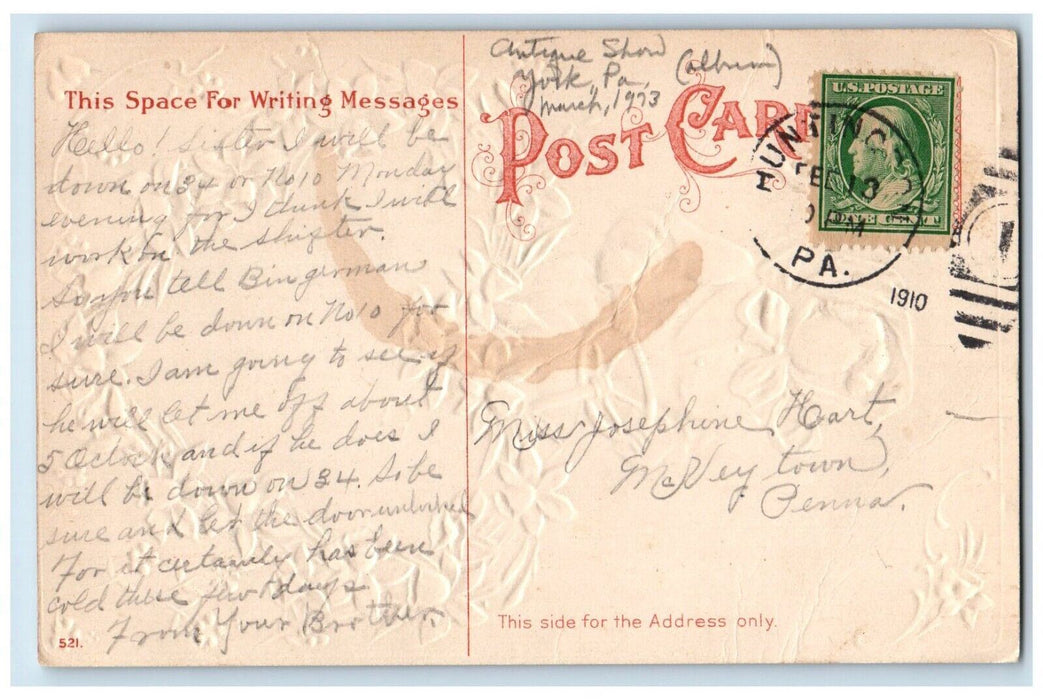 1910 Valentine Pretty Girl Heart Yellow Flowers Embossed Huntingdon PA Postcard