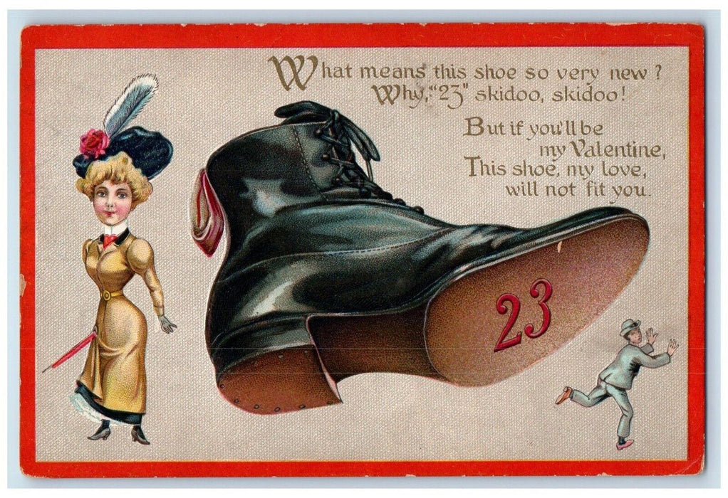 c1910's Valentine Girl Hat Feather Oxford Shoes Embossed Antique Tuck's Postcard