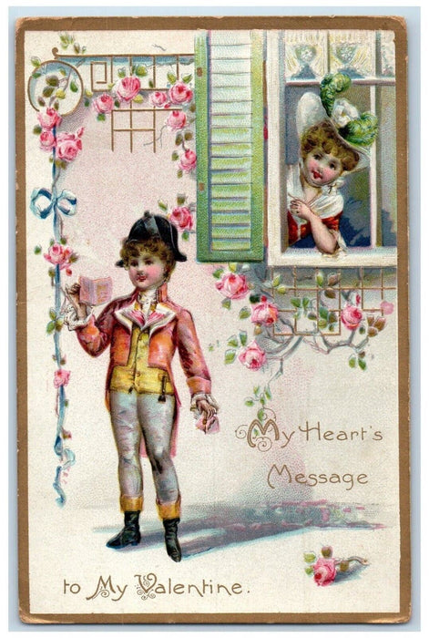c1910's Valentine Message Boy Girl In Window Flowers Embossed Tuck's Postcard