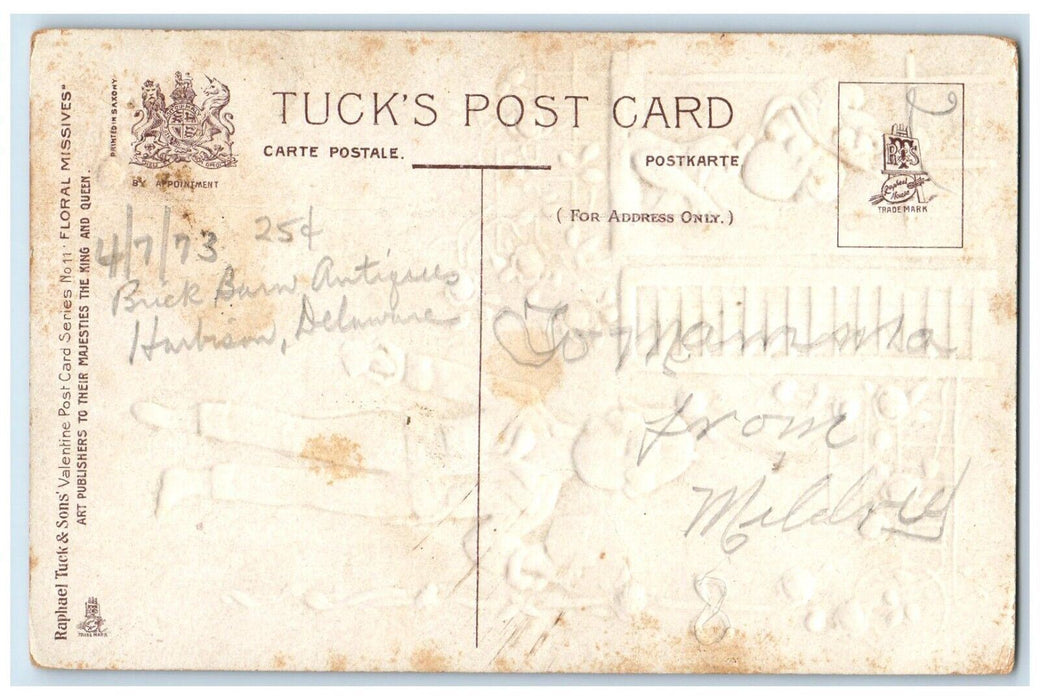 c1910's Valentine Message Boy Girl In Window Flowers Embossed Tuck's Postcard