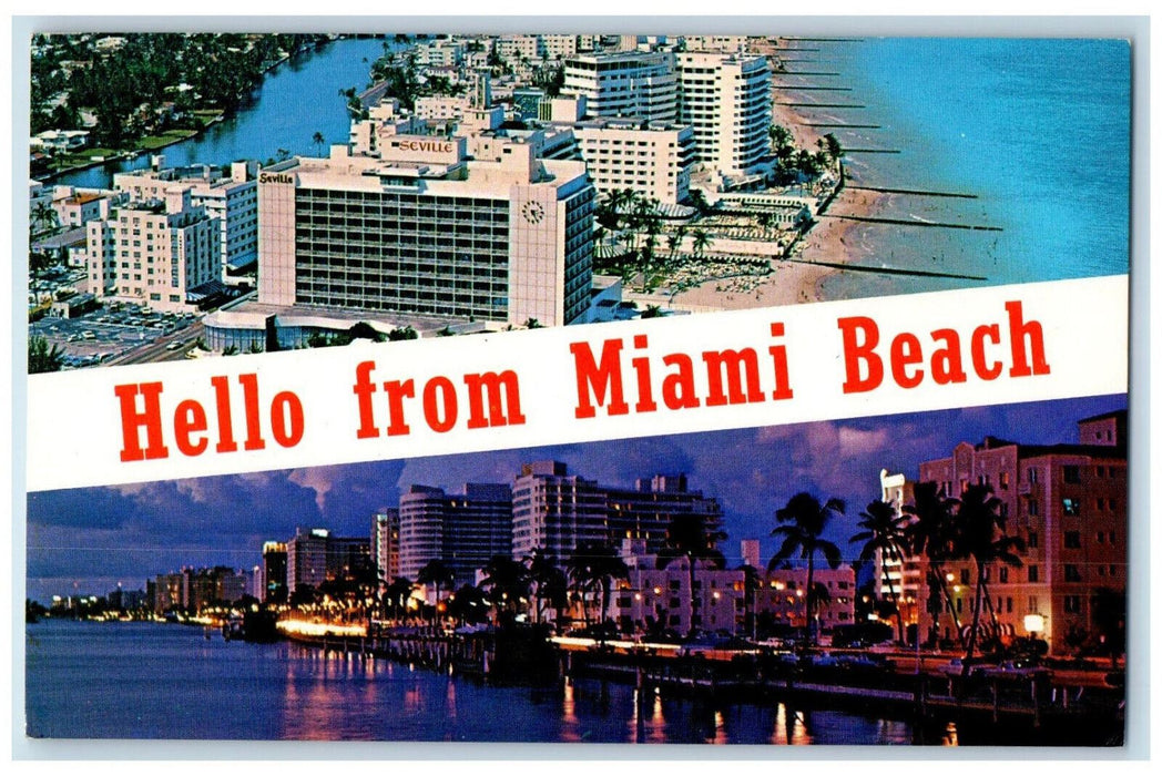 c1960's Hello From Miami Beach Multiview Hotels at Night Florida FL Postcard