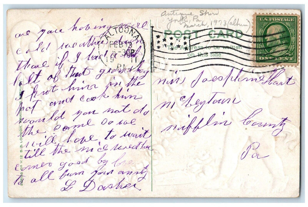 1911 Valentine Angel Cupid Bow And Arrow Heart Flowers Embossed Antique Postcard
