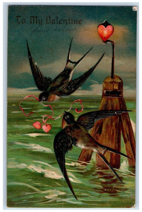 1909 Valentine Heart Lantern Birds Embossed New Rochelle New York NY Postcard