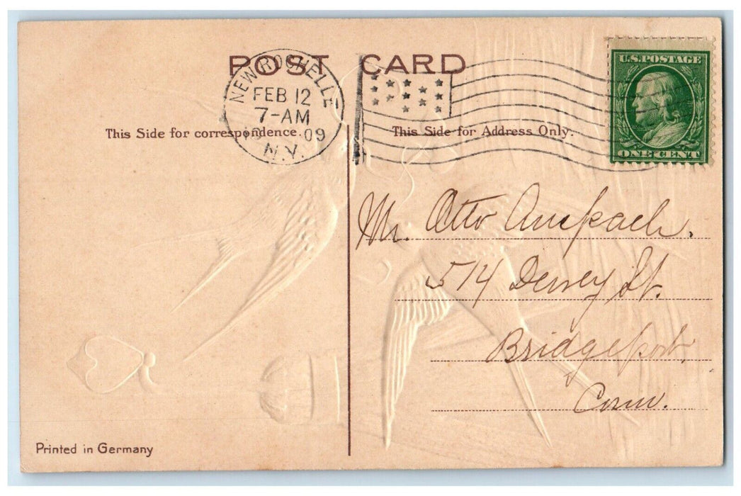 1909 Valentine Heart Lantern Birds Embossed New Rochelle New York NY Postcard