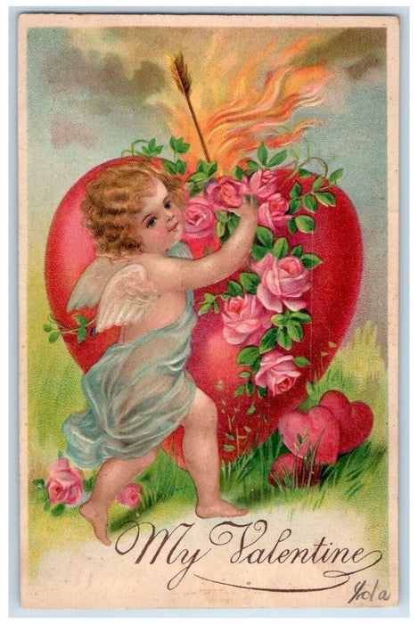 1907 Valentine Angel Cherub Big Heart Arrow Flowers Embossed York PA Postcard