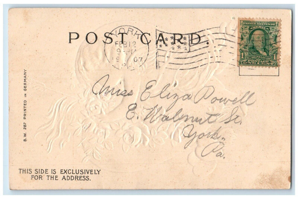 1907 Valentine Angel Cherub Big Heart Arrow Flowers Embossed York PA Postcard
