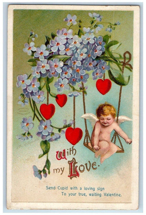 1912 Valentine Angel Swing Pansies Flowers Clapsaddle Embossed Antique Postcard
