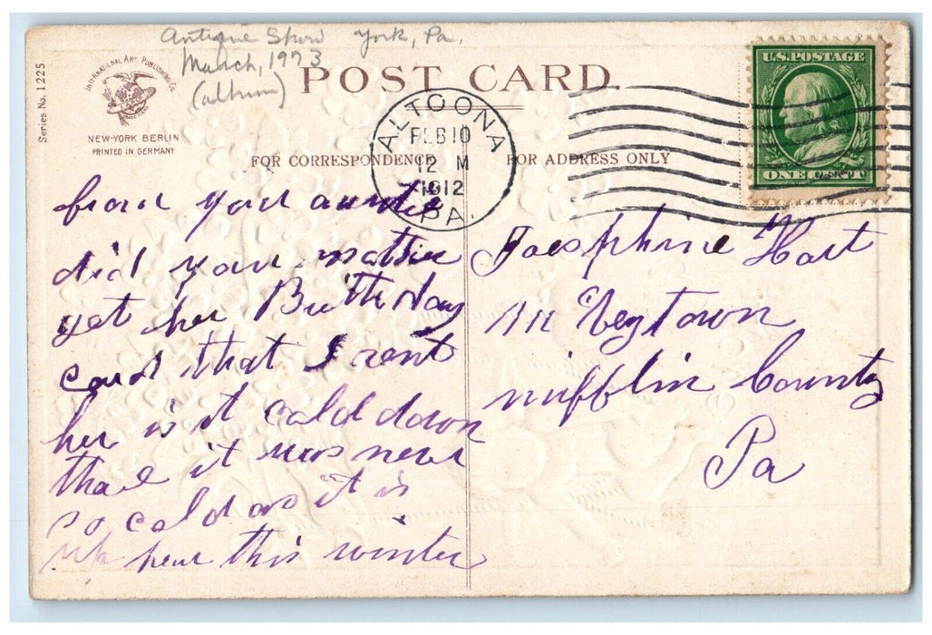 1912 Valentine Angel Swing Pansies Flowers Clapsaddle Embossed Antique Postcard