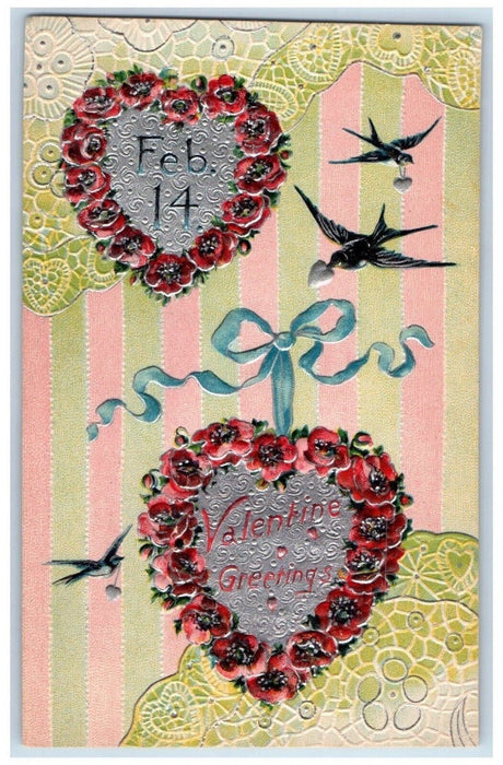 c1910's Valentine Greetings Feb. 14 Hearts Ribbon Birds Embossed Posted Postcard